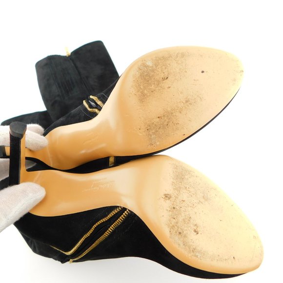 FERRAGAMO Logo Zipper Accent Black Suede Leather Platform Heel Boots 6.5 - Picture 9 of 12
